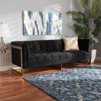 Baxton Studio TSF-5507-Black/Gold-SF Ambra Glam and Luxe Black Velvet Upholstered and Button Tufted Sofa with Gold-Tone Frame 
